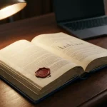 Officieel nalevingsdocument met rood zegel opengeslagen op donker bureau, laptop op de achtergrond, gerichte bureaulamp.