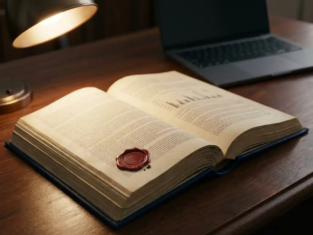 Officieel nalevingsdocument met rood zegel opengeslagen op donker bureau, laptop op de achtergrond, gerichte bureaulamp.
