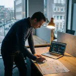 Cybersecurity-analist bestudeert gelaagde netwerkkaart op bureau met laptop met scanresultaten in modern Nederlands kantoor.