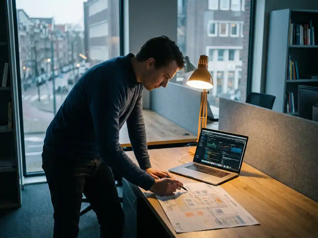 Cybersecurity-analist bestudeert gelaagde netwerkkaart op bureau met laptop met scanresultaten in modern Nederlands kantoor.