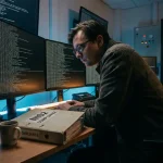 Cybersecurity-analist bekijkt serverlogstromen op donkere monitoren in een beveiligingsoperatiecentrum, NIS2-map op bureau.