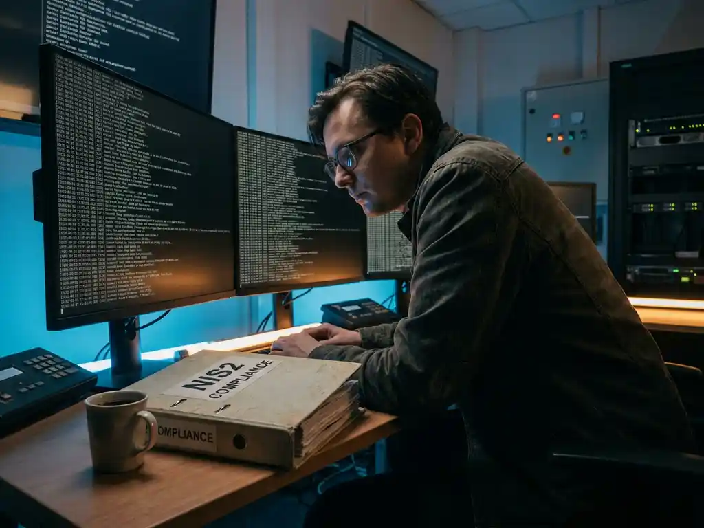 Cybersecurity-analist bekijkt serverlogstromen op donkere monitoren in een beveiligingsoperatiecentrum, NIS2-map op bureau.