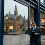 Beveiligingsprofessional in donker pak bestudeert klembord voor spiegelend kantoorgebouw met reflectie van Nederlands overheidsgebouw.