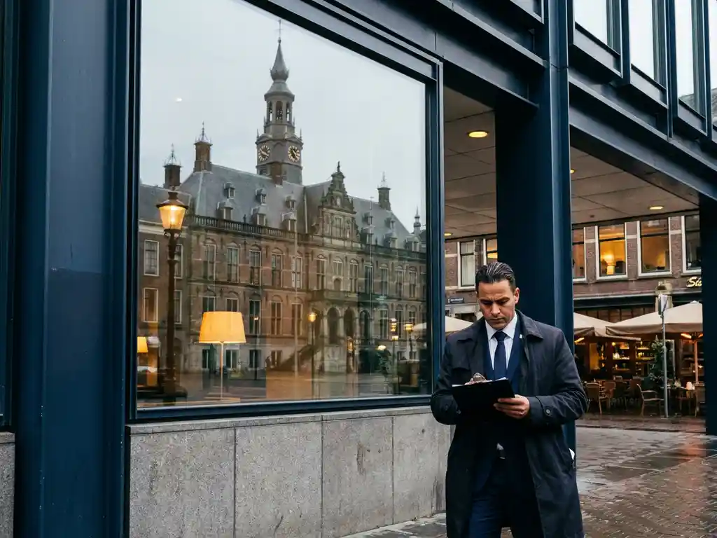 Beveiligingsprofessional in donker pak bestudeert klembord voor spiegelend kantoorgebouw met reflectie van Nederlands overheidsgebouw.