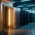Zware kluisdeur op een kier in een moderne serverruimte, met warm amberkleurig licht en donkere serverrekken op de achtergrond.