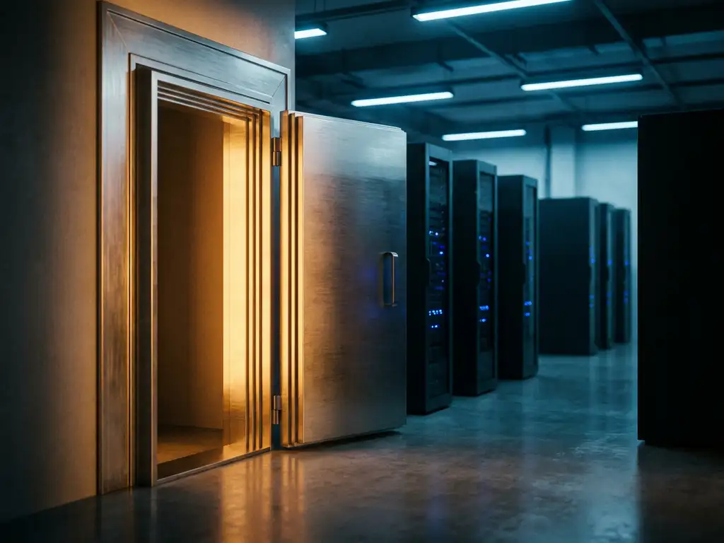 Zware kluisdeur op een kier in een moderne serverruimte, met warm amberkleurig licht en donkere serverrekken op de achtergrond.