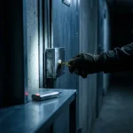 Gehandschoende hand die een sleutel in een versterkt staalslot steekt, met een hardwaretoken op metalen ondergrond ernaast.