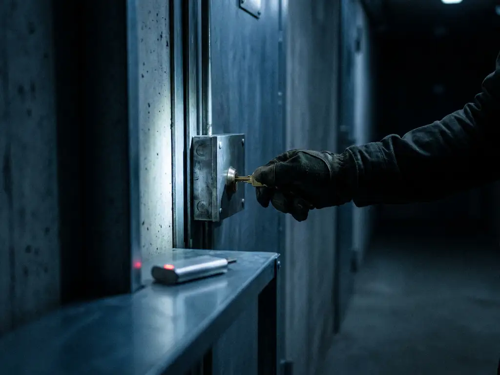 Gehandschoende hand die een sleutel in een versterkt staalslot steekt, met een hardwaretoken op metalen ondergrond ernaast.