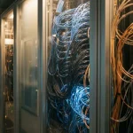 Kleurgecodeerde glasvezelkabels in gesegmenteerde zones achter matglazen scheidingswanden in een donkere serverruimte met blauw en amber licht.