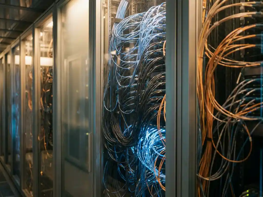 Kleurgecodeerde glasvezelkabels in gesegmenteerde zones achter matglazen scheidingswanden in een donkere serverruimte met blauw en amber licht.
