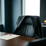 Zakelijk pak over leren directiestoel in moderne boardroom, officieel document met rood lakzegel op gepolijste tafel.