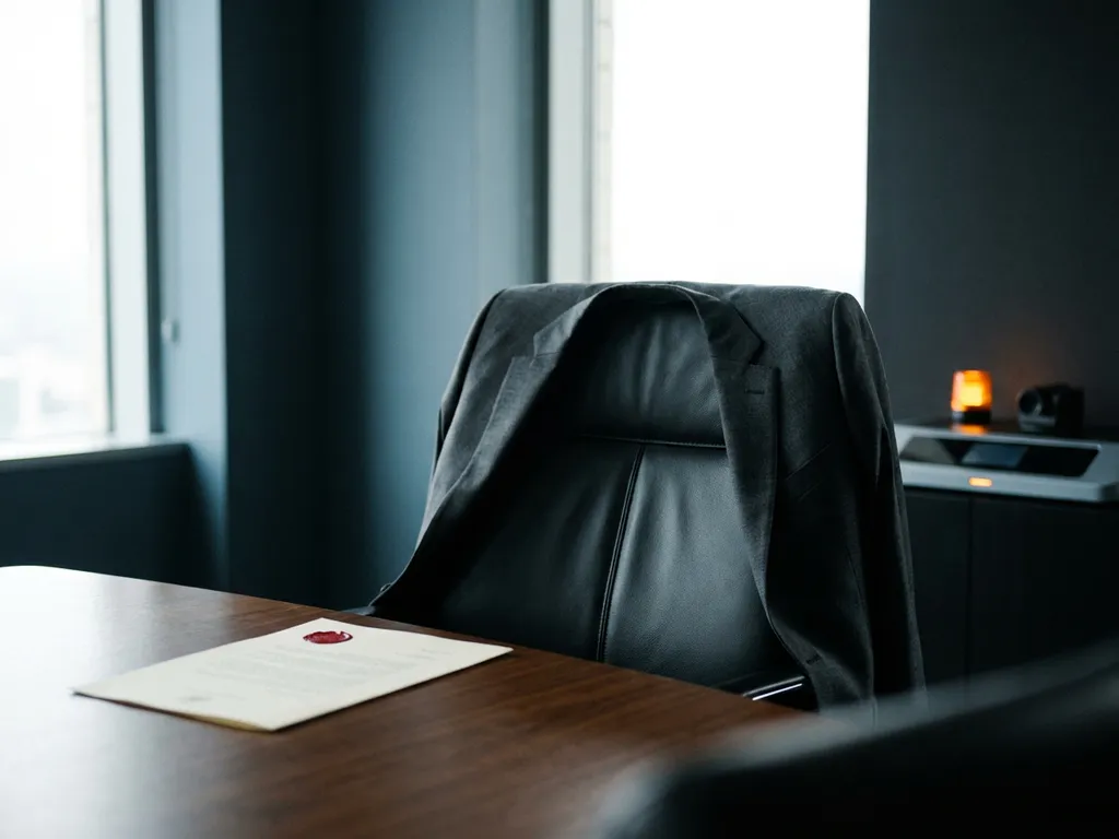 Zakelijk pak over leren directiestoel in moderne boardroom, officieel document met rood lakzegel op gepolijste tafel.
