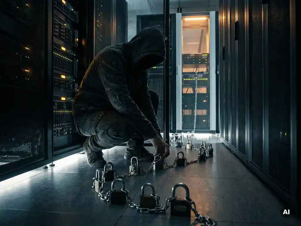 Gehurkte figuur in capuchon verbindt een keten van hangsloten in een donkere serverruimte, symboliserend een fysieke cyberaanval.