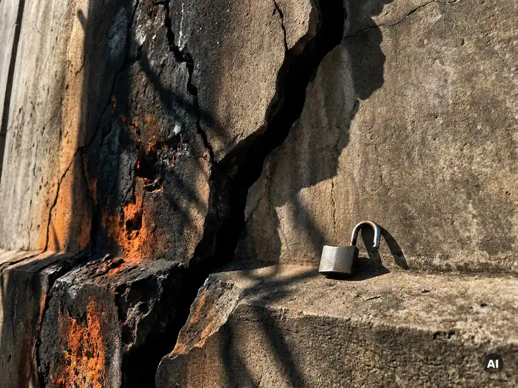 Gebarsten betonnen muur met brandschade aan één kant en een open hangslot op gladde steen aan de andere kant.