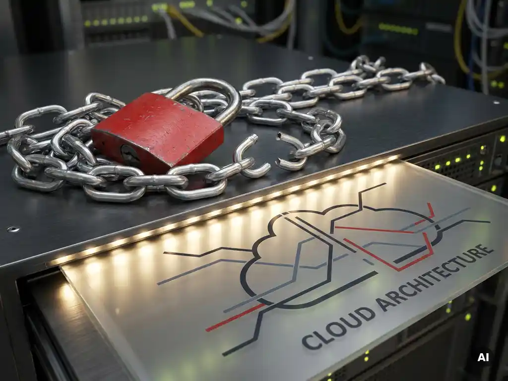Rode hangslot op verstrengelde zilveren kettingschakels met één gebroken schakel op een donker serverrek, symboliseert cloudbeveiliging.