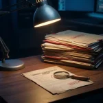 Vergrootglas op een kwetsbaarheidsrapport met rode markering op een analistenbbureau, omgeven door een stapel rapporten in donkere schaduwen.