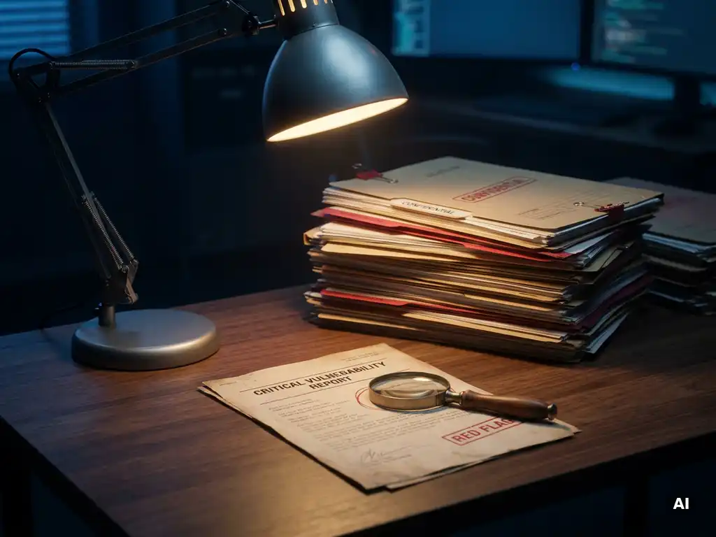 Vergrootglas op een kwetsbaarheidsrapport met rode markering op een analistenbbureau, omgeven door een stapel rapporten in donkere schaduwen.