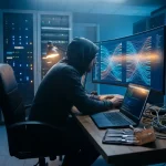 Beveiligingsanalist bewaakt live netwerkactiviteit op gebogen scherm naast penetratietesttools in blauw verlichte serverruimte.