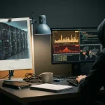Verouderde foto van een serverruimte naast een actieve beveiligingsterminal met oranje waarschuwingen op een donker bureau.