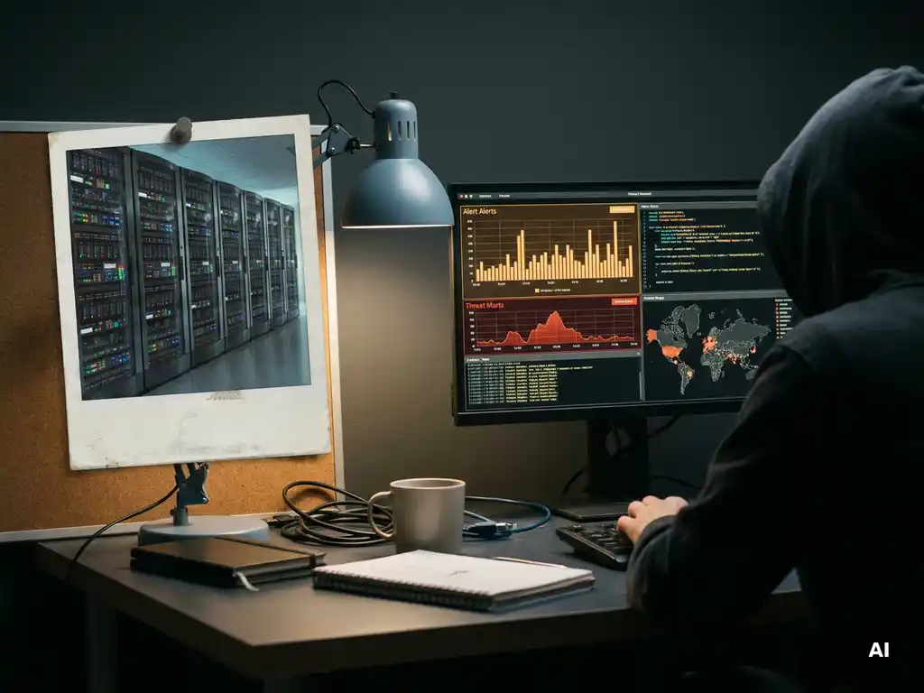 Verouderde foto van een serverruimte naast een actieve beveiligingsterminal met oranje waarschuwingen op een donker bureau.