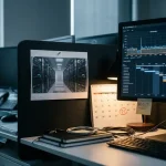 Beveiligingsanalist bureau met serverruimtefoto, live netwerkmonitor en gemarkeerde kalender in staal-blauwe kantooromgeving.