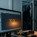 Beveiligingsdashboard met slechts twee meldingen terwijl een onopgemerkte indringer een serverruimte binnensluipt op de achtergrond.