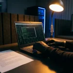 Handen boven laptoptoetsenbord naast release-notities, met groen penetratietest-terminal in donkere cybersecurity werkruimte.