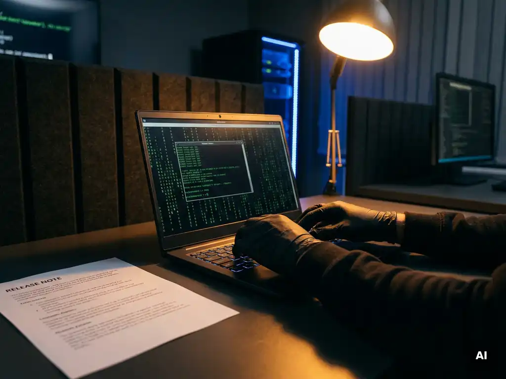 Handen boven laptoptoetsenbord naast release-notities, met groen penetratietest-terminal in donkere cybersecurity werkruimte.