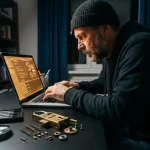 Beveiligingsexpert in donkere kleding analyseert laptopscherm naast gedemonteerd mechanisch slot op zwart bureau.