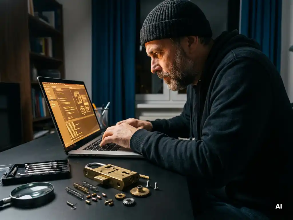 Beveiligingsexpert in donkere kleding analyseert laptopscherm naast gedemonteerd mechanisch slot op zwart bureau.
