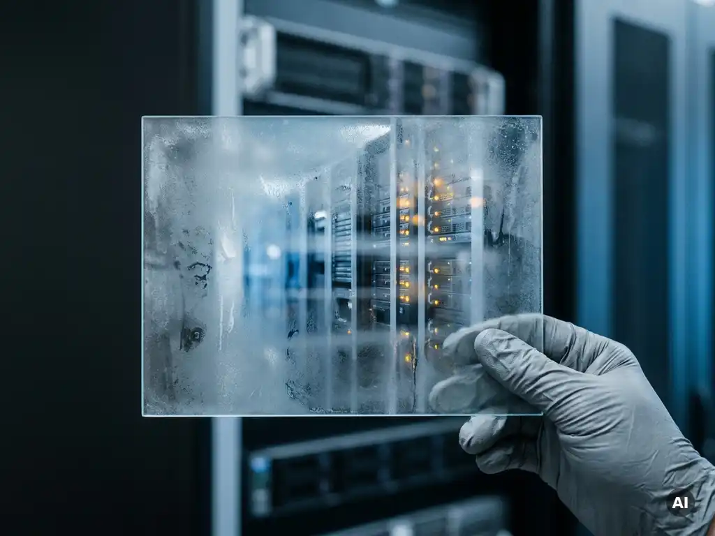 Gehandschoende hand houdt matglas voor een onscherpe serverruimte, met staal-blauwe tinten en zwak oranje waarschuwingslicht.