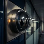 Hooded figuur weerspiegeld in bolle beveiligingscameralens op kantoorwand, dramatisch verlicht door amber waarschuwingslicht.