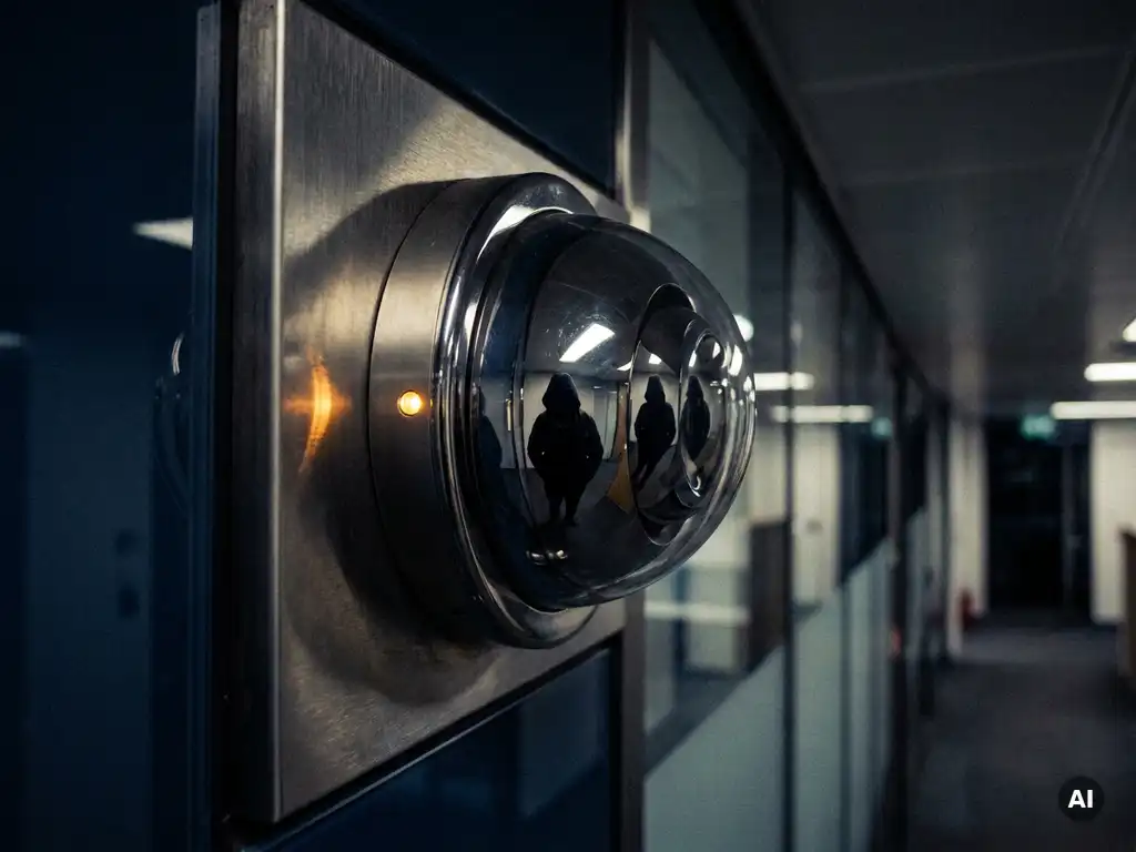 Hooded figuur weerspiegeld in bolle beveiligingscameralens op kantoorwand, dramatisch verlicht door amber waarschuwingslicht.