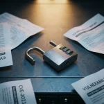 Opengebroken combinatieslot op een donker serverrek, omringd door CVE-kwetsbaarheidsrapporten, verlicht door amber spotlight.