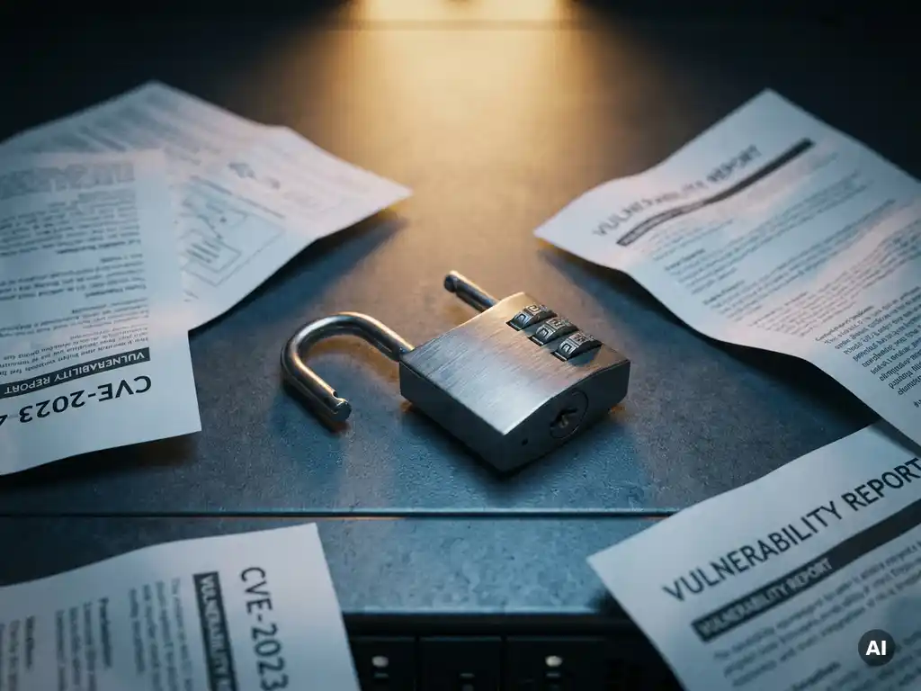 Opengebroken combinatieslot op een donker serverrek, omringd door CVE-kwetsbaarheidsrapporten, verlicht door amber spotlight.