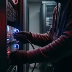 Gehulde figuur sluit kabel aan op serverrack, blauwe en rode indicatielampjes verlichten de donkere ruimte dramatisch.