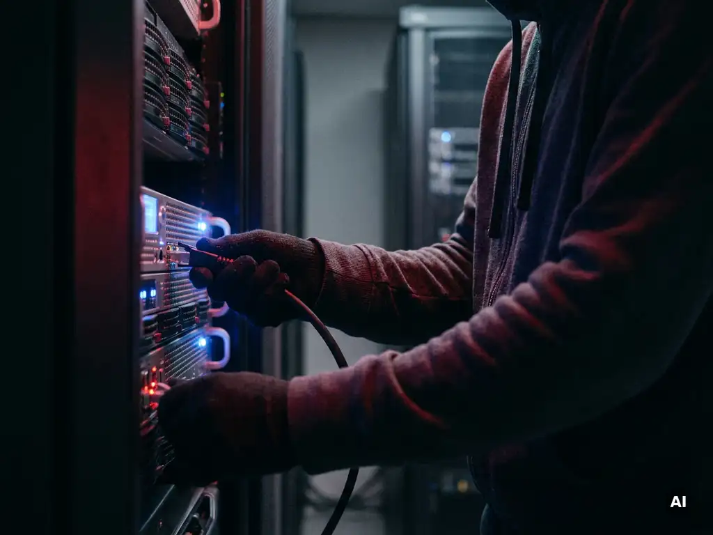 Gehulde figuur sluit kabel aan op serverrack, blauwe en rode indicatielampjes verlichten de donkere ruimte dramatisch.