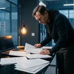 Cybersecurity-analist in donkere kleding bestudeert kwetsbaarheidsrapporten op zwart bureau met open laptop en handgeschreven aantekeningen.