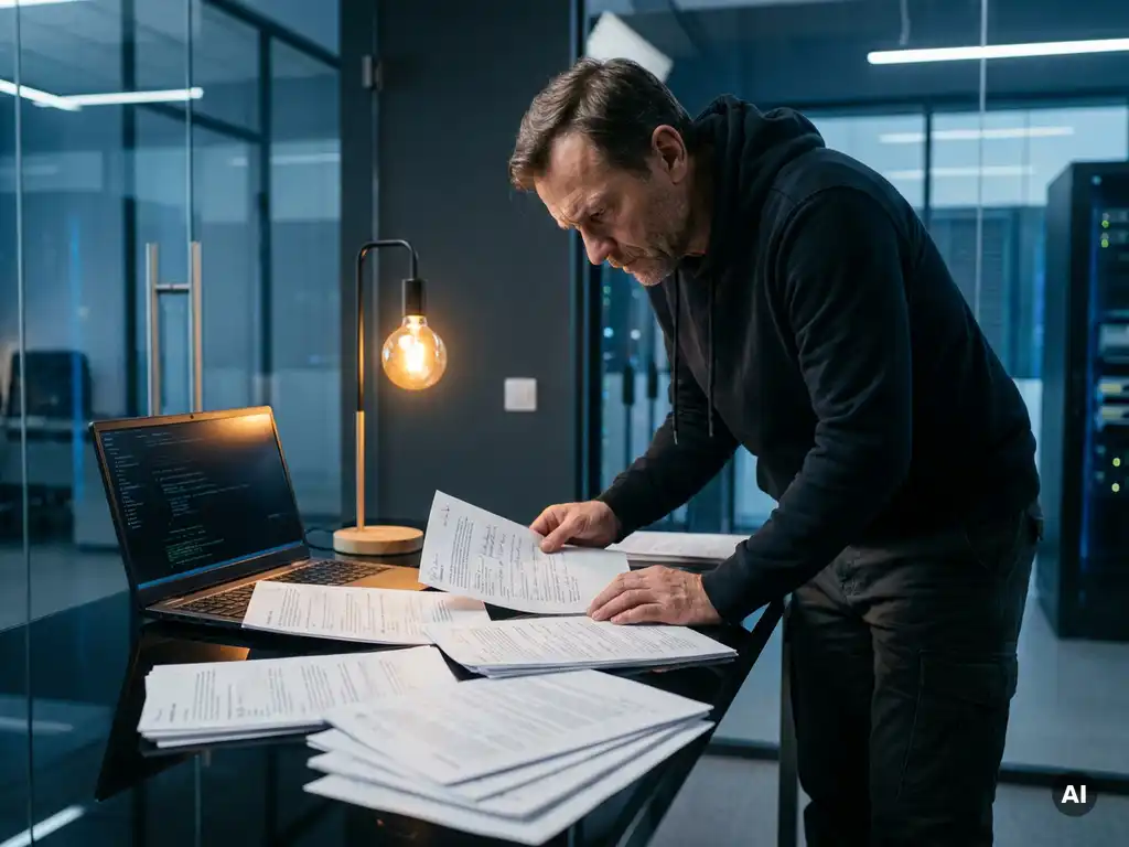 Cybersecurity-analist in donkere kleding bestudeert kwetsbaarheidsrapporten op zwart bureau met open laptop en handgeschreven aantekeningen.