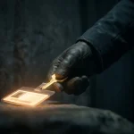 Gehandschoende hand reikt naar een gouden sleutel op een digitaal ID-badge, omgeven door donkere schaduwen met warm amber licht.