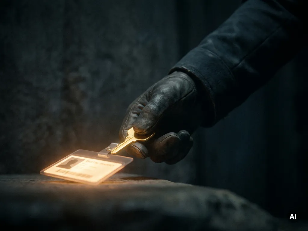 Gehandschoende hand reikt naar een gouden sleutel op een digitaal ID-badge, omgeven door donkere schaduwen met warm amber licht.