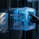 Gehandschoende hand van ethische hacker die een transparant cloudserverrek onderzoekt in een donker modern datacenter.