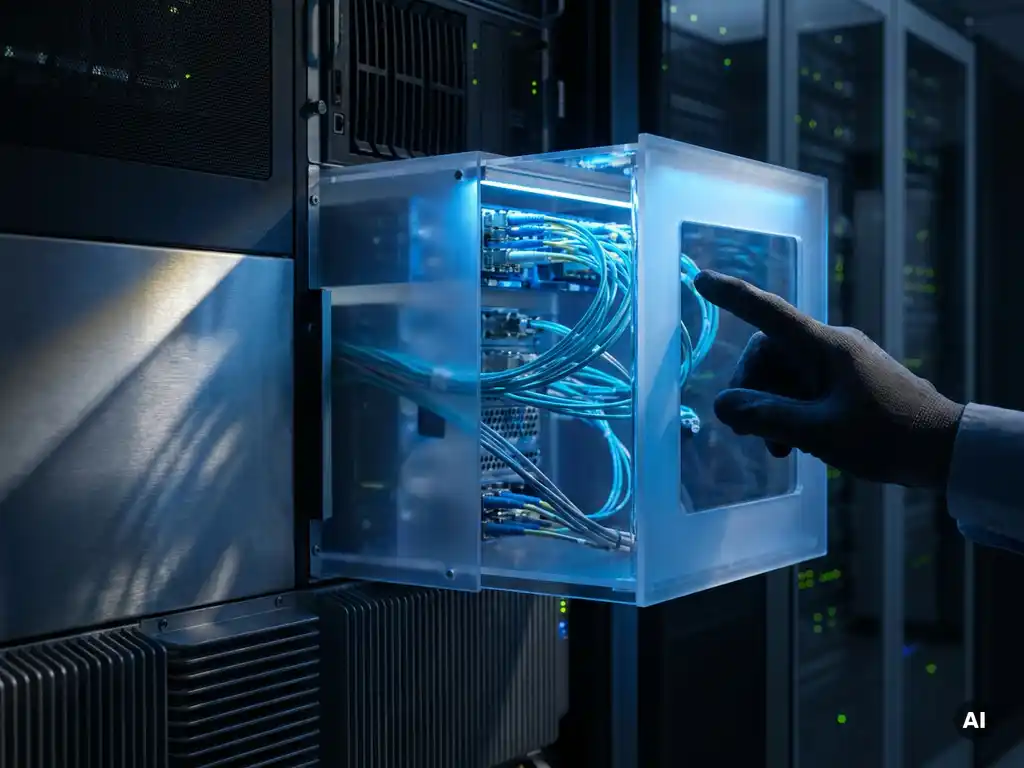 Gehandschoende hand van ethische hacker die een transparant cloudserverrek onderzoekt in een donker modern datacenter.