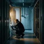 Ethische hacker inspecteert open serverrack in beveiligde serverruimte, verlicht door warm amberkleurig werklicht.