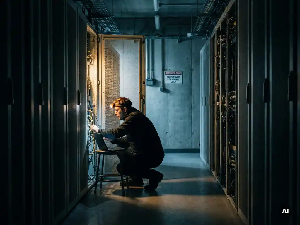 Ethische hacker inspecteert open serverrack in beveiligde serverruimte, verlicht door warm amberkleurig werklicht.