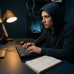 Ethische hacker achter donker bureau, handen op mechanisch toetsenbord, gezicht verlicht door blauw terminalscherm, notitieboek ernaast.