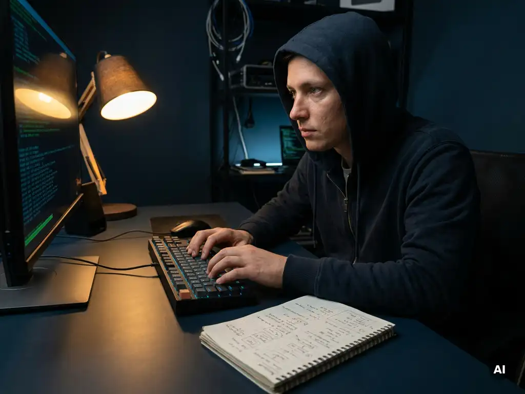 Ethische hacker achter donker bureau, handen op mechanisch toetsenbord, gezicht verlicht door blauw terminalscherm, notitieboek ernaast.