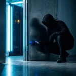 Sluipende figuur in donkere kleding naast halfopen serverruimtedeur met gestolen toegangspas, blauw tl-licht en amberkleurige waarschuwingsgloed.