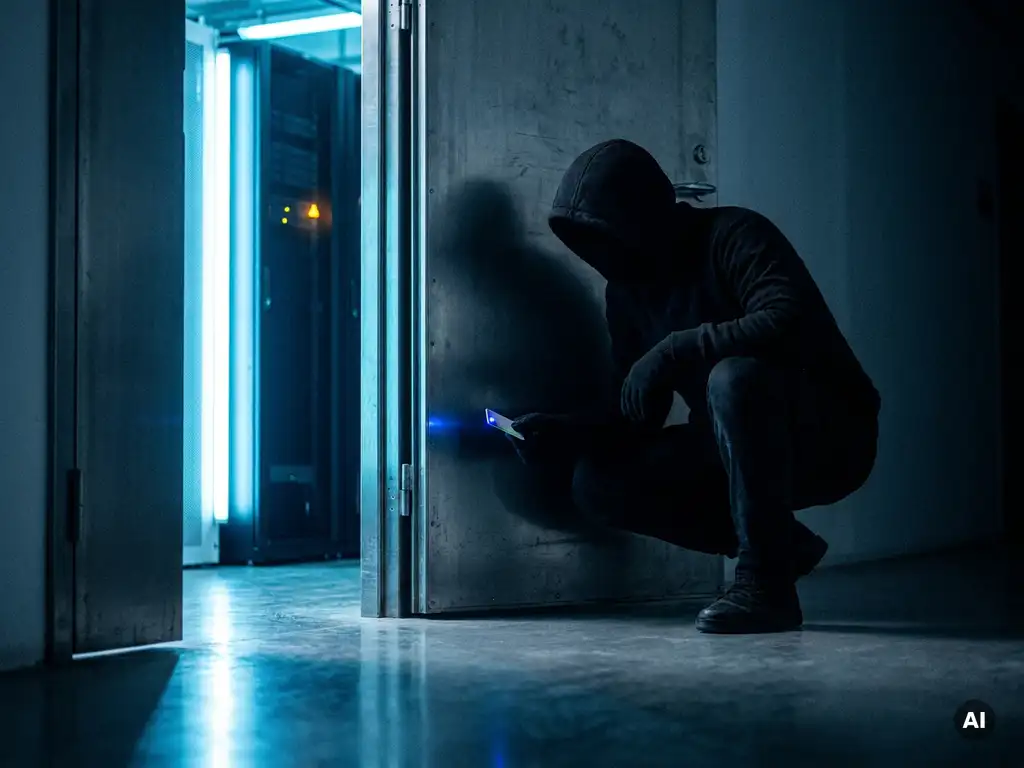 Sluipende figuur in donkere kleding naast halfopen serverruimtedeur met gestolen toegangspas, blauw tl-licht en amberkleurige waarschuwingsgloed.