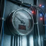 Gebarsten numerieke meter met gevaarlijk lage waarde op donkere serverruimtemuur, omgeven door kabels en knipperende statuslampjes.
